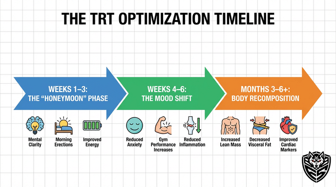 Infographic showing the TRT timeline of benefits from week 1 to month 6
